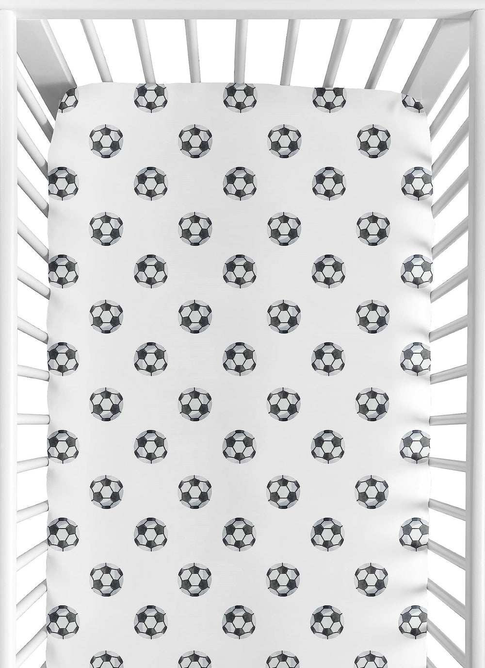 Sweet Jojo Designs soccer ball crib sheet closeup highlights print and soft feel