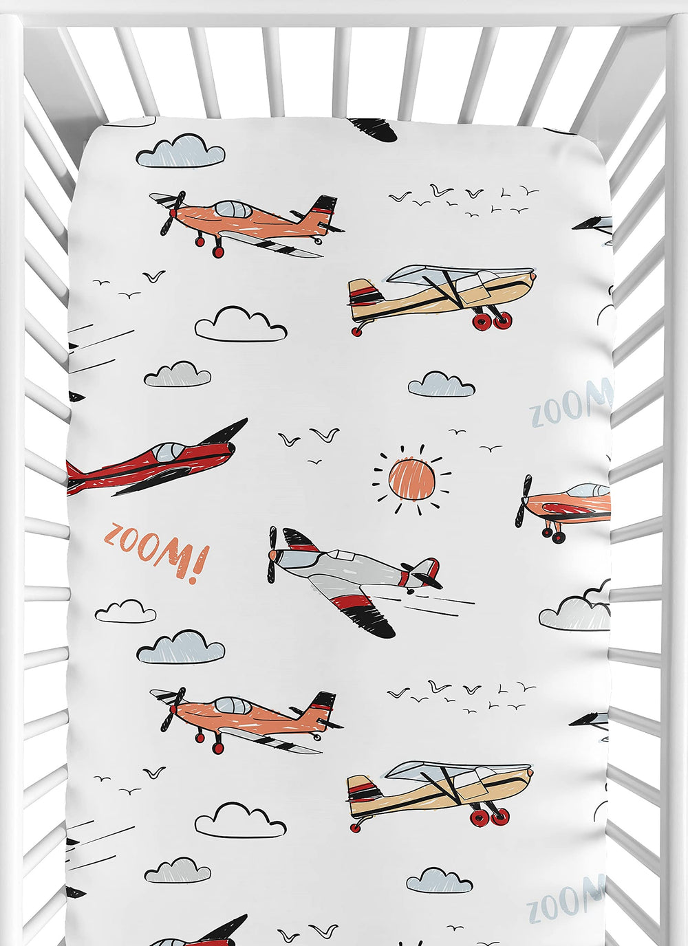 Sweet Jojo Designs vintage airplane crib sheet with soft microfiber for gentle sleep.