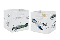 Sweet Jojo Designs storage cubes with vintage airplane print, handy for toy organization in a kid’s room.