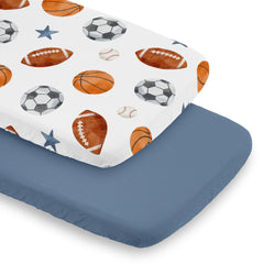 Sweet Jojo Designs vintage sports bassinet sheets blue print for a soft, stylish nursery accent.