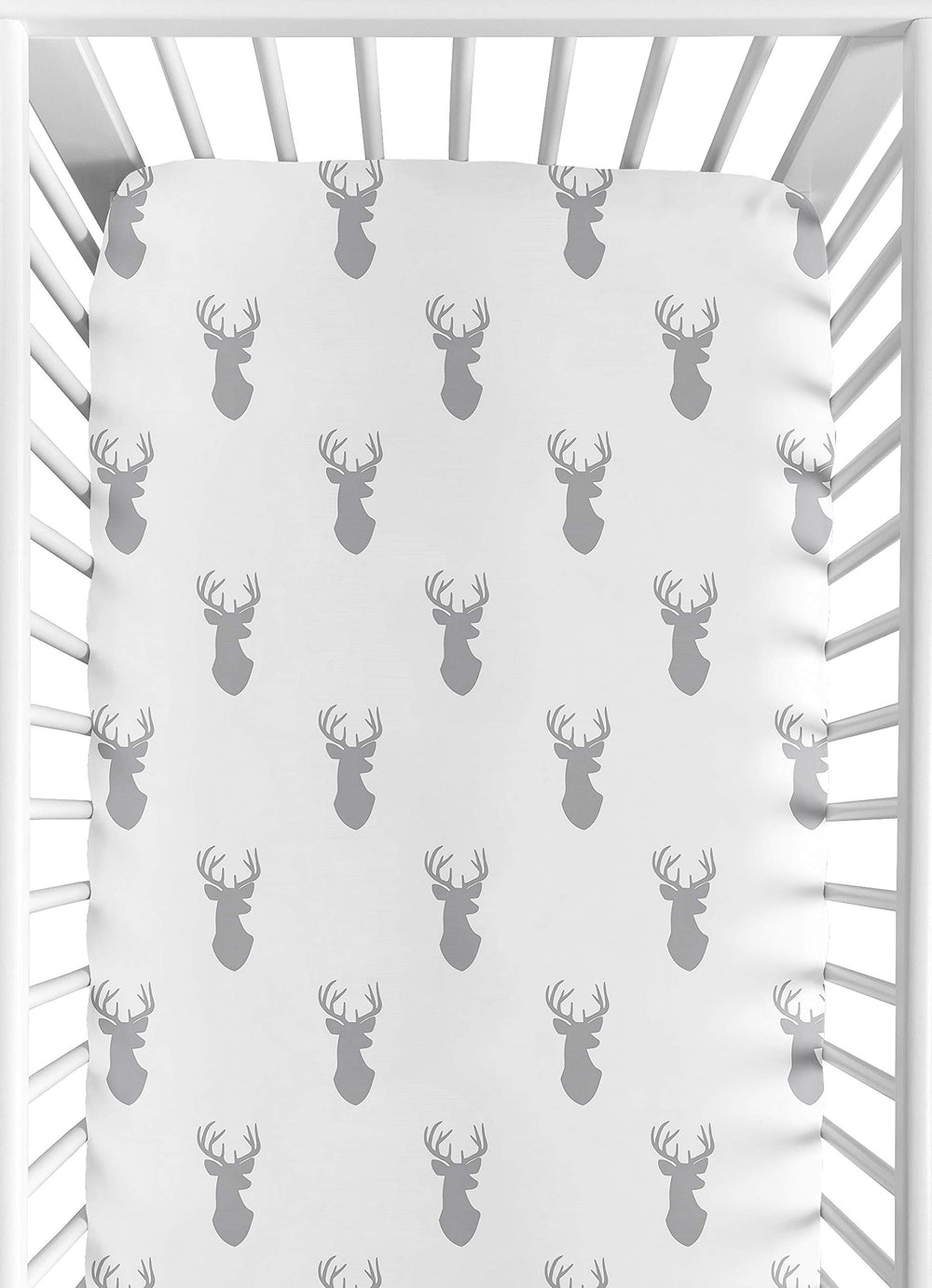 Sweet Jojo Designs Woodland Deer fitted crib sheet in gray and white for snug standard crib sleep