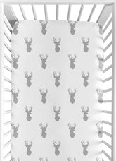 Sweet Jojo Designs Woodland Deer fitted crib sheet in gray and white for snug standard crib sleep