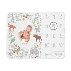 Sweet Jojo Designs woodland milestone blanket with forest animals for adorable monthly photos