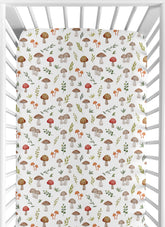 Sweet Jojo Designs Woodland Mushroom crib sheet full view with watercolor print for a gender-neutral nursery