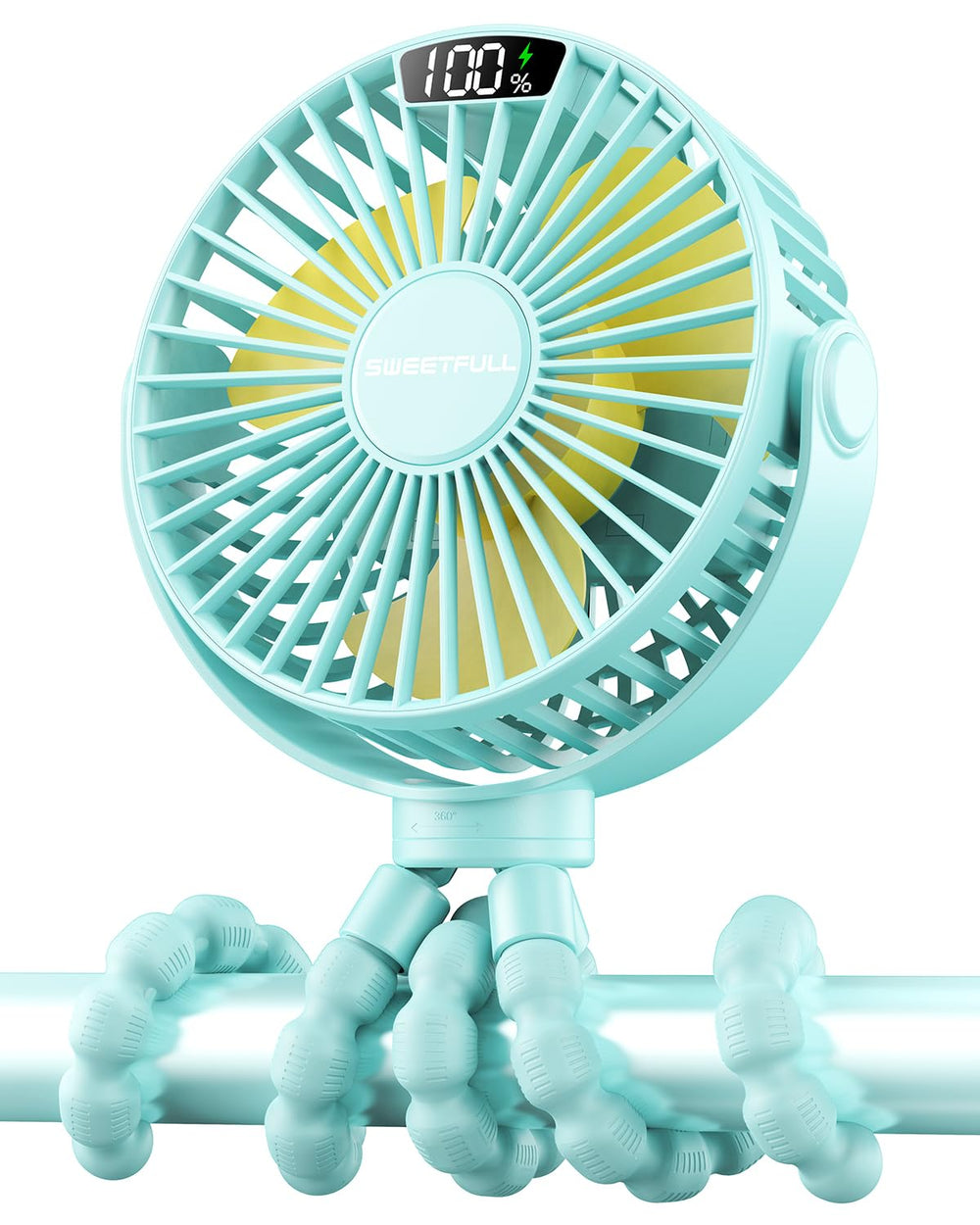 SWEETFULL portable stroller fan display shows wind speed and battery life for easy control.