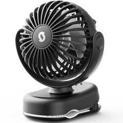 SWEETFULL stroller fan clipped to a stroller for on-the-go cooling.