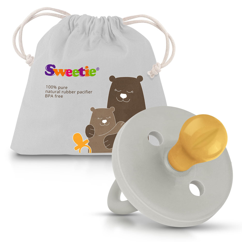 Sweetie rubber pacifier rounded grey for 6-12 months; natural nipple supports gentle soothing.