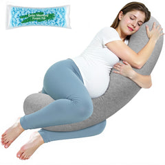 SweetSlubr c-shaped pregnancy pillow supports belly and back for side sleepers.