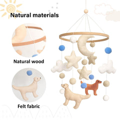 Sweety Baby dog mobile features moon figures to spark newborn curiosity.