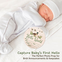 Sweety Baby Hello World newborn sign shown in a cozy nursery setting.