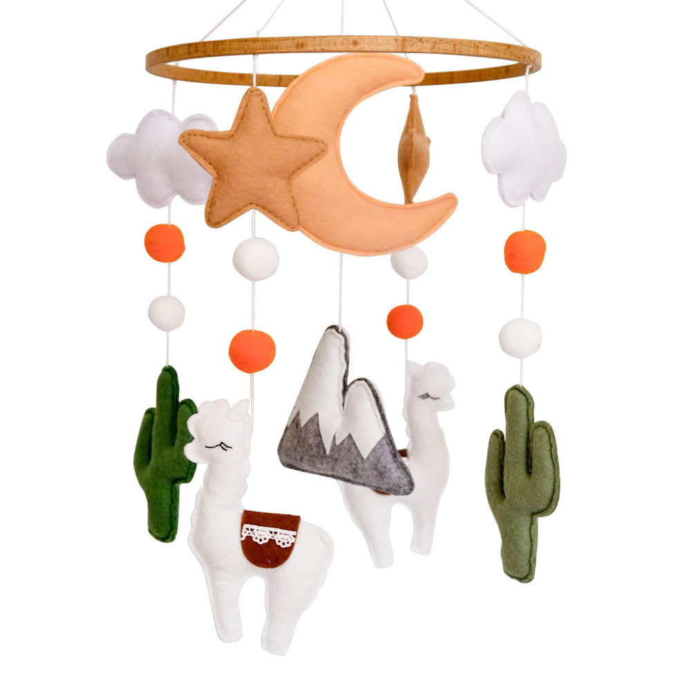 Sweety Baby llama crib mobile with two llamas and moon for gentle visual engagement