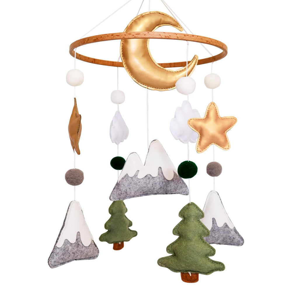 Sweety Baby Mountain Mobile with moon and trees promotes calm visual focus above the crib.