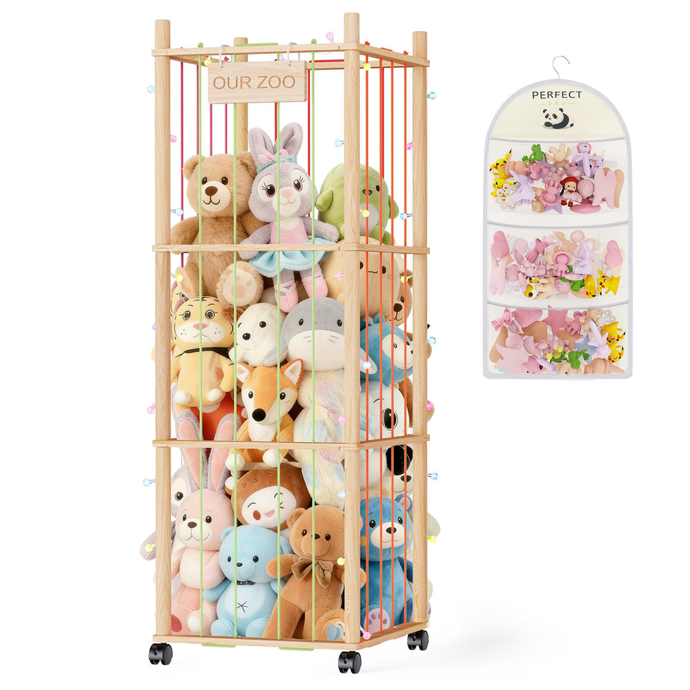 SWRSWR stuffed animal zoo front view shows sturdy wooden frame and organized toy storage.