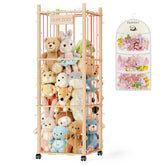 SWRSWR stuffed animal zoo front view shows sturdy wooden frame and organized toy storage.