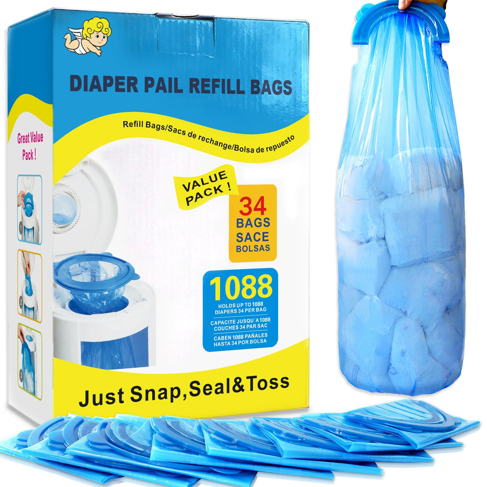 SYAOMUNLY diaper pail refills show 1088-count capacity for busy homes.