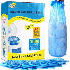 SYAOMUNLY diaper pail refills show 1088-count capacity for busy homes.
