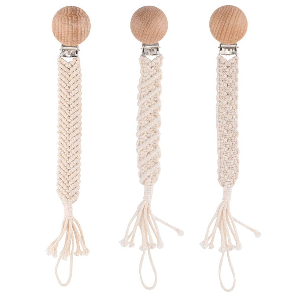 Symbolife boho pacifier clip with wooden clips keeps pacifier secure and clean.