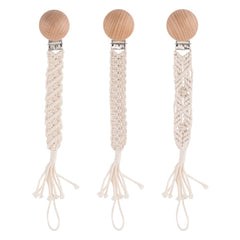 Symbolife boho pacifier clip with wooden teeth secures pacifier and protects clothing.