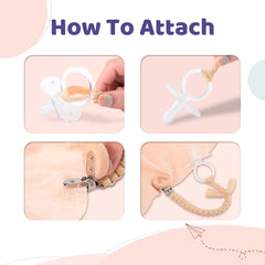 Symbolife pacifier clip attached to baby's clothes for secure access.