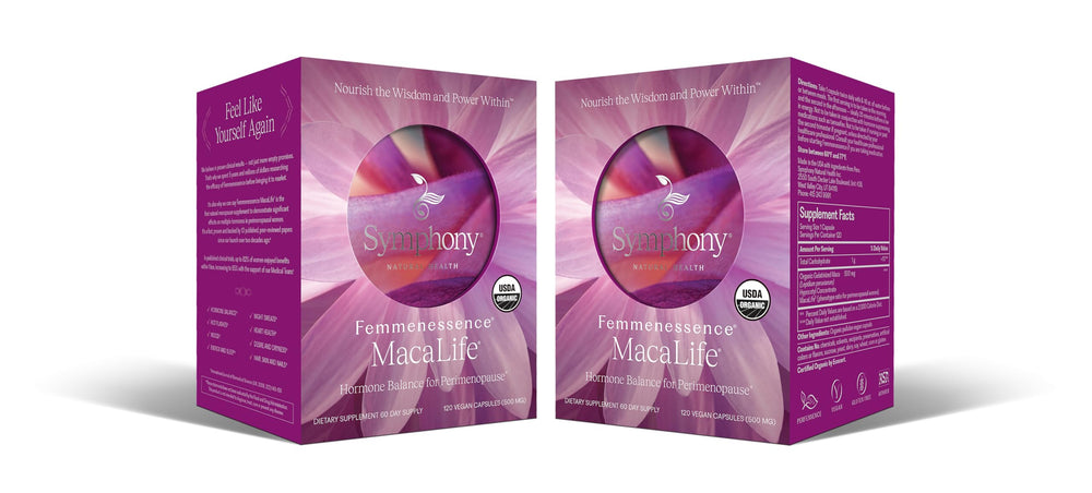 Symphony Natural Health Femmenessence MacaLife bottle ready for daily use to support balance.