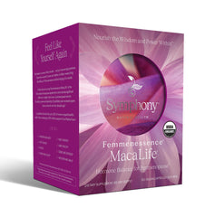 Front label of Femmenessence MacaLife highlights organic vegan formula for perimenopause support.