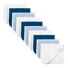 Synrroe burp cloths large blue set laid flat, showing absorbent muslin and soft texture for easy cleanup