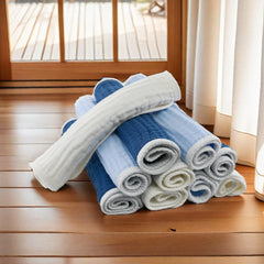 Synrroe burp cloths large blue set beside a baby, highlighting six-layer absorption