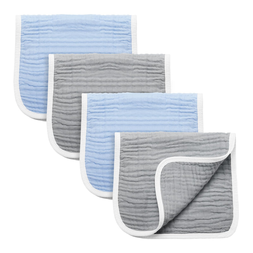 Synrroe burp cloths blue-grey four-pack flatlay showing absorbent protection during feeds