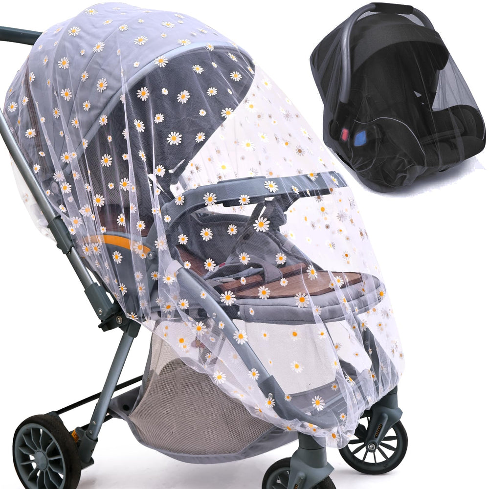 Sysmie baby stroller mosquito net with floral design protects during walks.