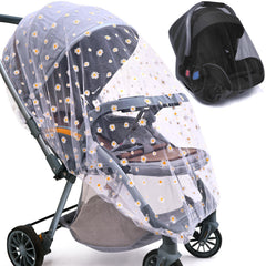 Sysmie baby stroller mosquito net with floral design protects during walks.