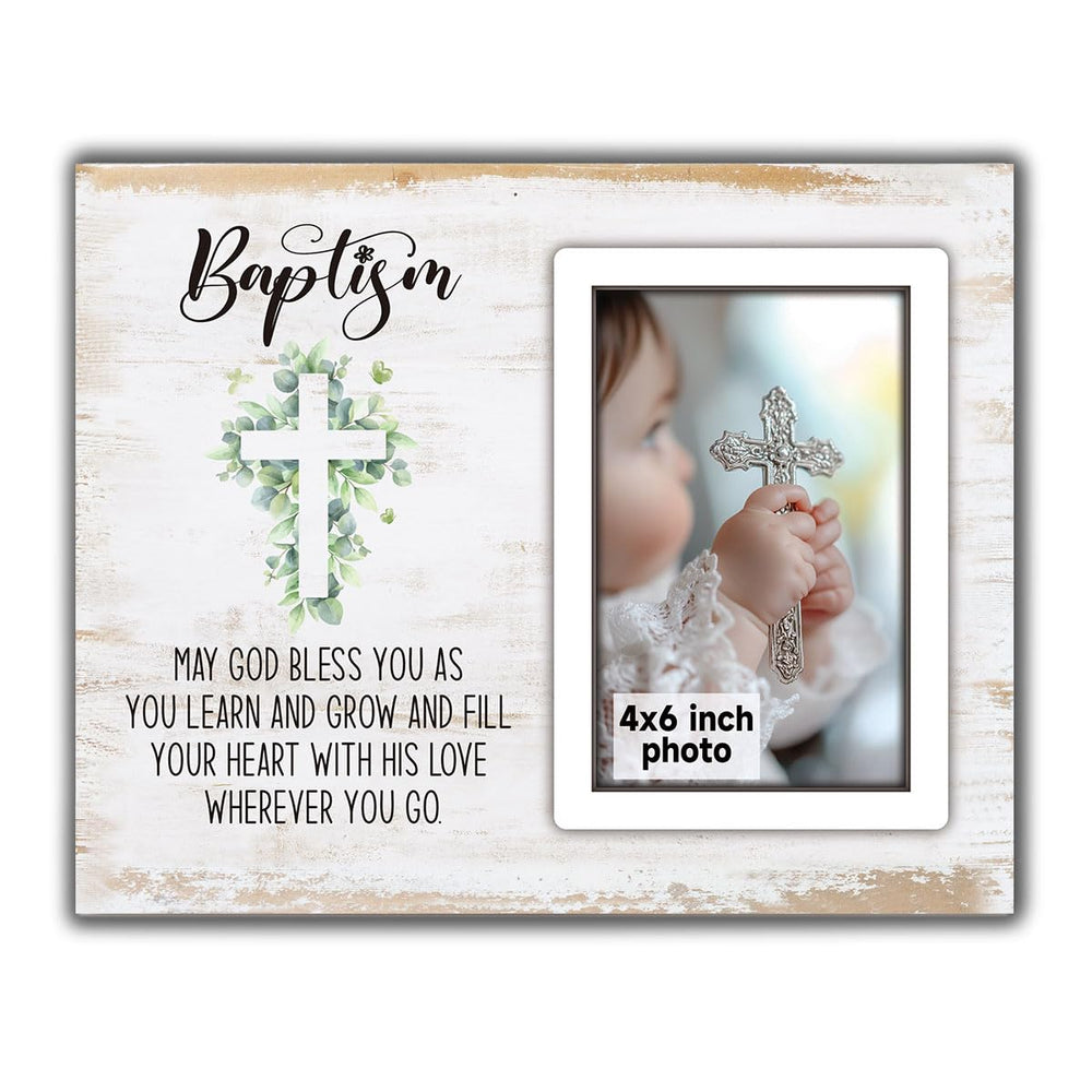SZ-PengXin Baptism Frame front view with rustic wood for crisp 4x6 photo display.