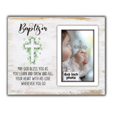 SZ-PengXin Baptism Frame front view with rustic wood for crisp 4x6 photo display.