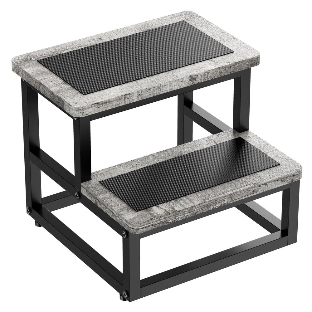 SZLHANJZ two-step stool in gray with metal-wood build for stable bedside access.