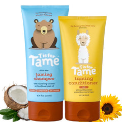 T is for Tame baby shampoo 3-in-1 bottle front shows gentle, plant-based formula for sensitive scalps.