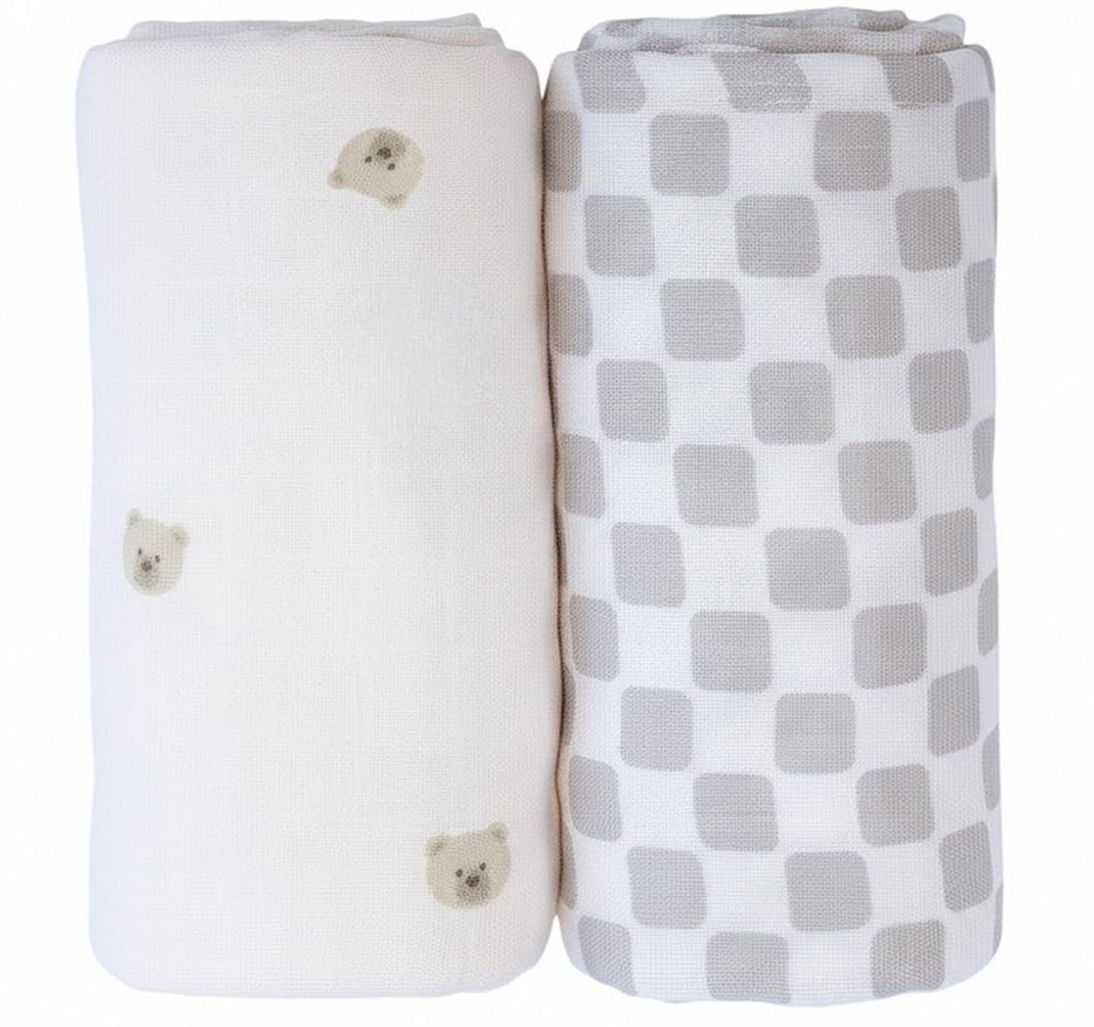 TAB Muslin Swaddle Blanket bears pattern spread for cozy bonding and gentle skin contact.