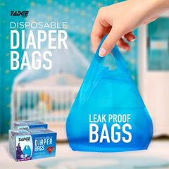 Biodegradable Tadge Goods diaper bags with blue packaging emphasizing sustainability.