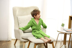 TADO MUSLIN green bathrobe worn after bath, suggesting quick-dry comfort