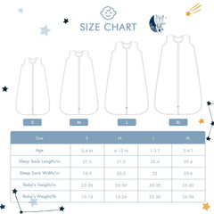 TADO MUSLIN size chart image displaying S to XL options for growing babies.