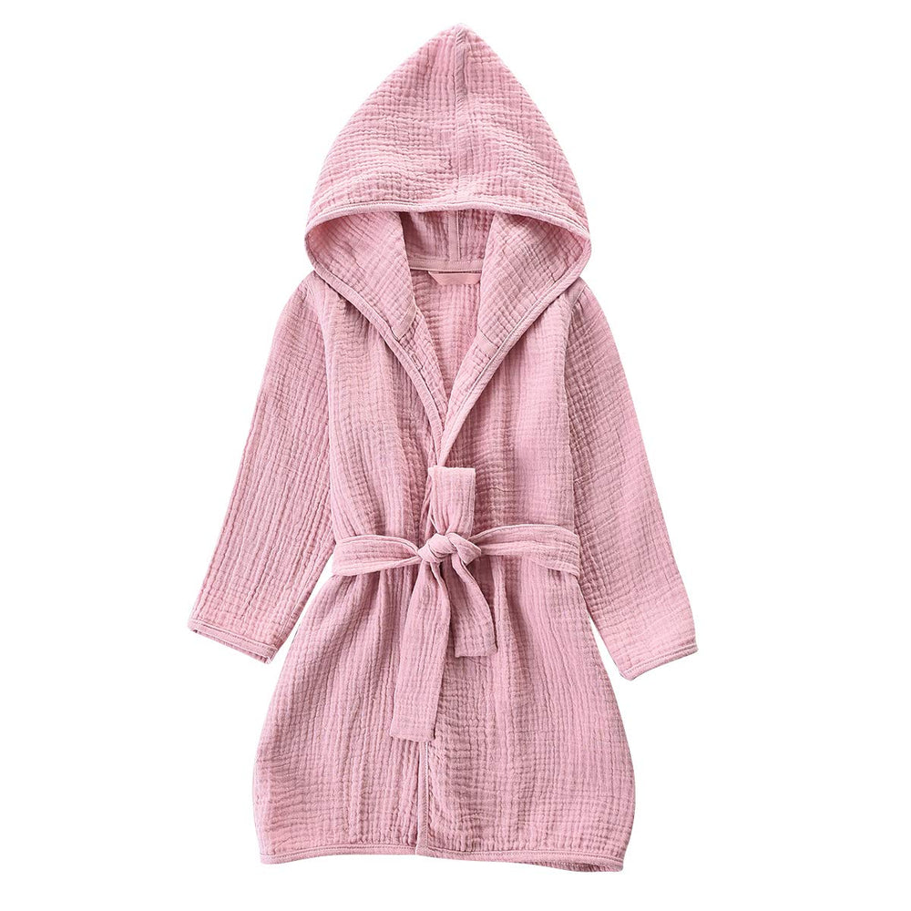 TADO MUSLIN toddler pink bathrobe front view shows soft organic cotton fabric.