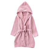 TADO MUSLIN toddler pink bathrobe front view shows soft organic cotton fabric.