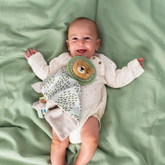 Close-up of Harry the lion mane teether for safe mouthing and sensory exploration.