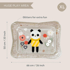 Taf Toys Panda Bloom water mat shows colorful shapes to stimulate sensory exploration.