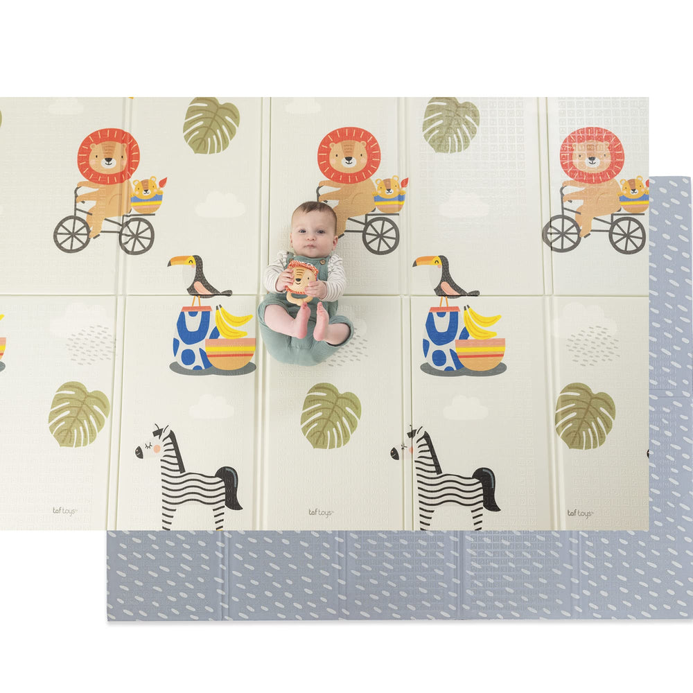 Taf Toys extra-large play mat foam surface provides a soft, spacious tummy-time area.