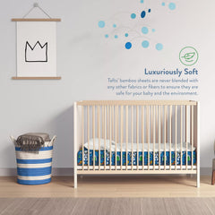 Tafts bamboo crib sheet features a 360 elastic edge for secure fit.