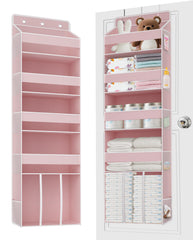 TAHAVICE Pink over-the-door organizer with four shelves and large caddy for easy access to baby items.
