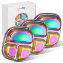 Taladad 3-Pack stainless steel kids plates showing the three-compartment layout for balanced meals