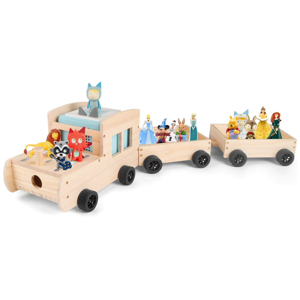 Taladad wooden trailer with Toniebox storage keeps figures organized.