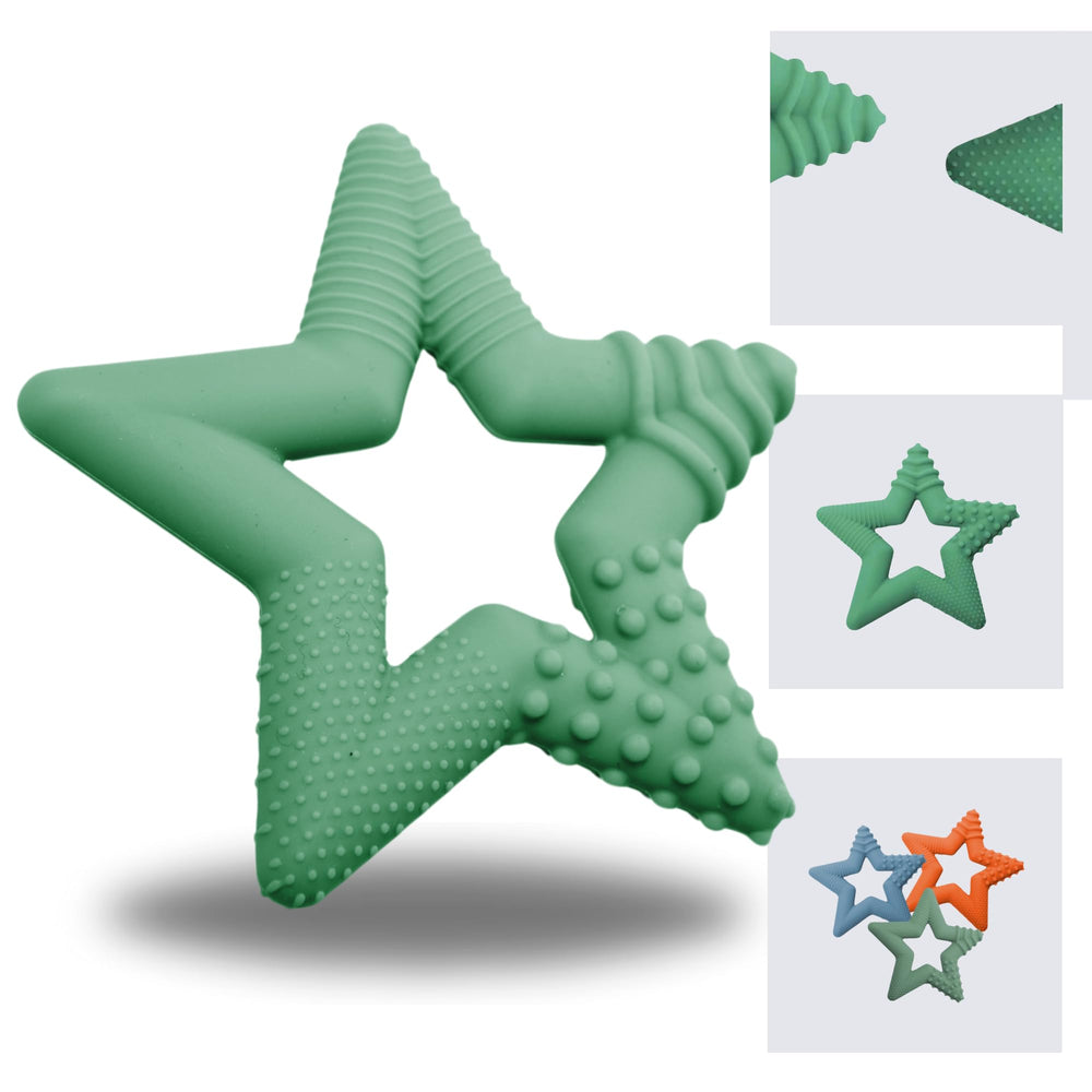 TalkTools Sensory Teeny Teether Star close-up in sage silicone for safe chewing