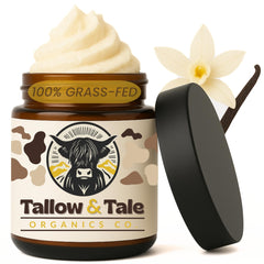 Tallow And Tale Créme de Vanilla jar—deep hydration for face and body.