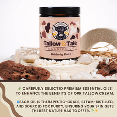 Tallow And Tale grass-fed tallow bottle pour demonstrates natural, fragrance-free hydration.